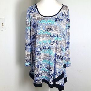 Fashion Caribe Blues & Teal Swing Tunic Top with Black Trim, Size 2X
